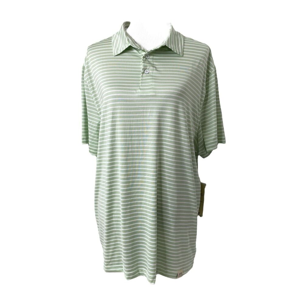 Mens Large Polo Shirt Rorie Whelan Green and White Striped Golf Short Sleeve